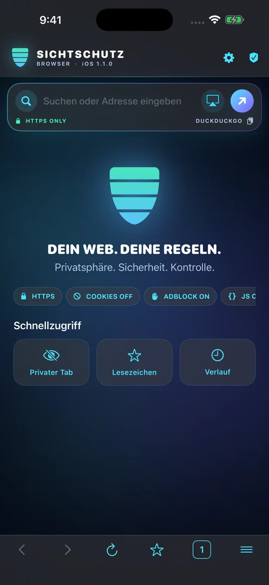 Startseite von Sichtschutz Browser auf dem iPhone